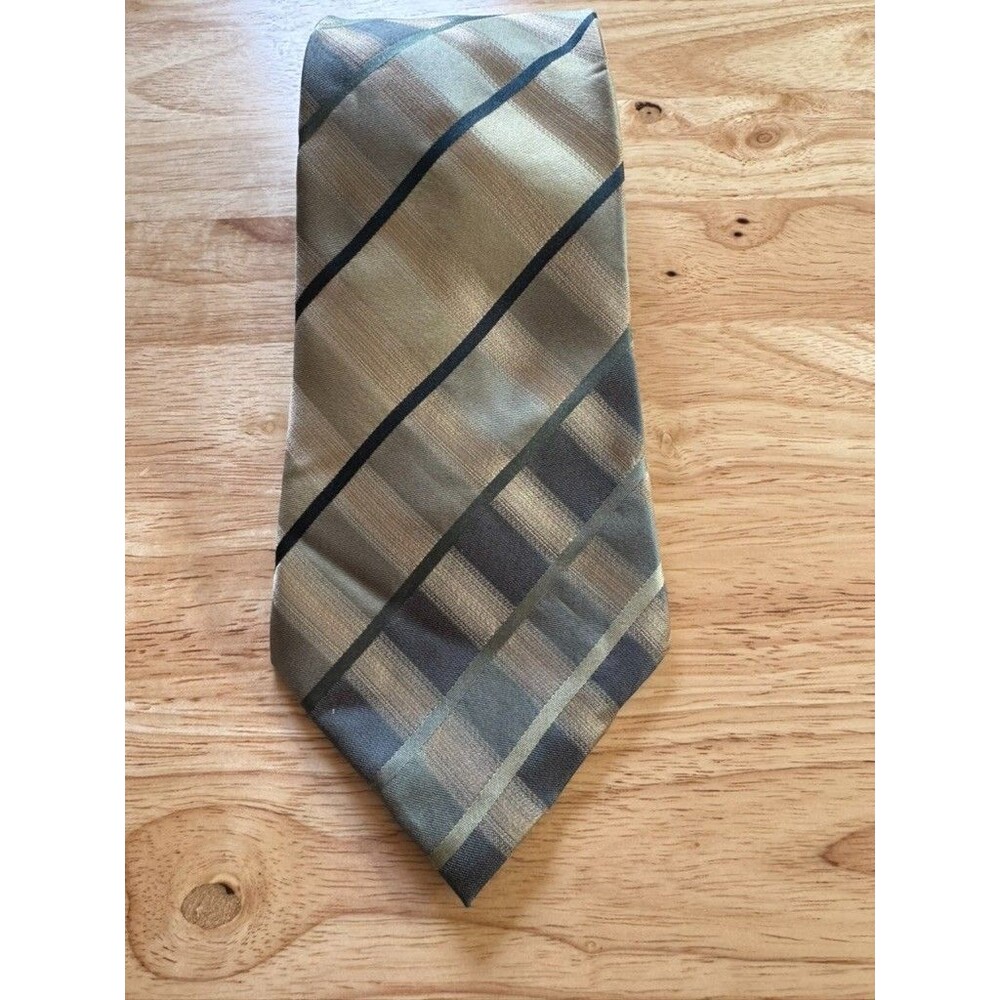 Extra Long 61" 4" Wide Silk Tie Taupe Balck Geometric Stain Resistant Van Heusen